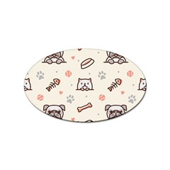 Pug-dog-cat-with-bone-fish-bones-paw-prints-ball-seamless-pattern-vector-background Sticker Oval (10 Pack)