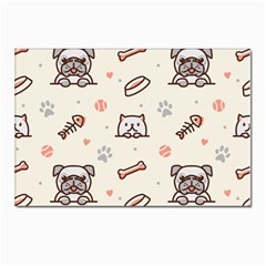 Pug-dog-cat-with-bone-fish-bones-paw-prints-ball-seamless-pattern-vector-background Postcards 5  X 7  (pkg Of 10)