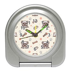 Pug-dog-cat-with-bone-fish-bones-paw-prints-ball-seamless-pattern-vector-background Travel Alarm Clock