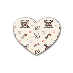 Pug-dog-cat-with-bone-fish-bones-paw-prints-ball-seamless-pattern-vector-background Rubber Heart Coaster (4 Pack) by Jancukart