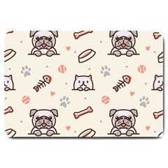 Pug-dog-cat-with-bone-fish-bones-paw-prints-ball-seamless-pattern-vector-background Large Doormat by Jancukart