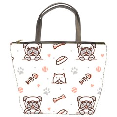 Pug-dog-cat-with-bone-fish-bones-paw-prints-ball-seamless-pattern-vector-background Bucket Bag by Jancukart