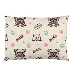 Pug-dog-cat-with-bone-fish-bones-paw-prints-ball-seamless-pattern-vector-background Pillow Case by Jancukart