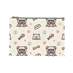 Pug-dog-cat-with-bone-fish-bones-paw-prints-ball-seamless-pattern-vector-background Cosmetic Bag (large) by Jancukart