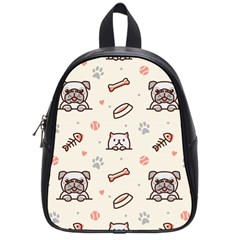 Pug-dog-cat-with-bone-fish-bones-paw-prints-ball-seamless-pattern-vector-background School Bag (small) by Jancukart