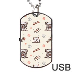 Pug-dog-cat-with-bone-fish-bones-paw-prints-ball-seamless-pattern-vector-background Dog Tag Usb Flash (one Side) by Jancukart