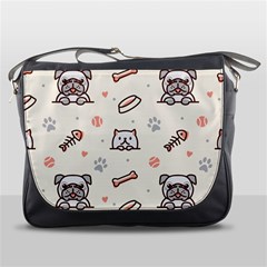 Pug-dog-cat-with-bone-fish-bones-paw-prints-ball-seamless-pattern-vector-background Messenger Bag