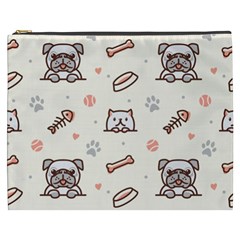 Pug-dog-cat-with-bone-fish-bones-paw-prints-ball-seamless-pattern-vector-background Cosmetic Bag (xxxl) by Jancukart