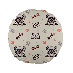 Pug-dog-cat-with-bone-fish-bones-paw-prints-ball-seamless-pattern-vector-background Standard 15  Premium Round Cushions