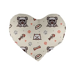 Pug-dog-cat-with-bone-fish-bones-paw-prints-ball-seamless-pattern-vector-background Standard 16  Premium Heart Shape Cushions