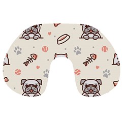 Pug-dog-cat-with-bone-fish-bones-paw-prints-ball-seamless-pattern-vector-background Travel Neck Pillow by Jancukart