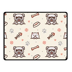 Pug-dog-cat-with-bone-fish-bones-paw-prints-ball-seamless-pattern-vector-background Double Sided Fleece Blanket (small)  by Jancukart