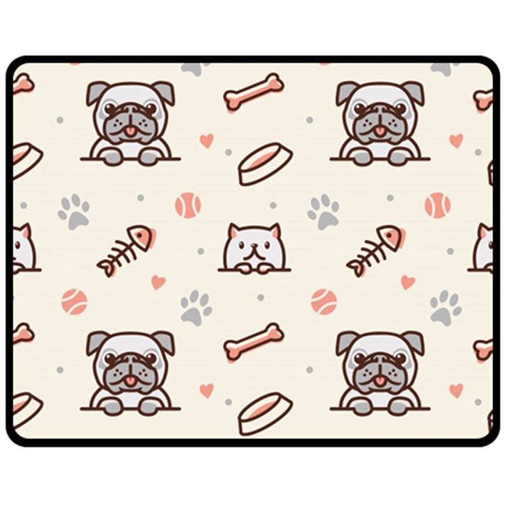 Pug-dog-cat-with-bone-fish-bones-paw-prints-ball-seamless-pattern-vector-background Double Sided Fleece Blanket (Medium) 