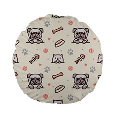 Pug-dog-cat-with-bone-fish-bones-paw-prints-ball-seamless-pattern-vector-background Standard 15  Premium Flano Round Cushions