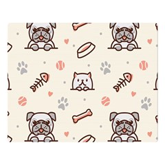 Pug-dog-cat-with-bone-fish-bones-paw-prints-ball-seamless-pattern-vector-background Double Sided Flano Blanket (large)  by Jancukart