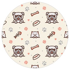 Pug-dog-cat-with-bone-fish-bones-paw-prints-ball-seamless-pattern-vector-background Round Trivet by Jancukart