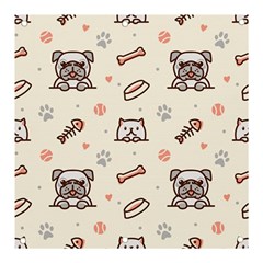 Pug-dog-cat-with-bone-fish-bones-paw-prints-ball-seamless-pattern-vector-background Banner And Sign 3  X 3  by Jancukart