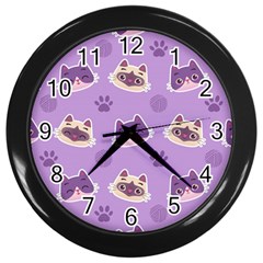 Cute-colorful-cat-kitten-with-paw-yarn-ball-seamless-pattern Wall Clock (black) by Jancukart