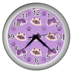 Cute-colorful-cat-kitten-with-paw-yarn-ball-seamless-pattern Wall Clock (silver) by Jancukart