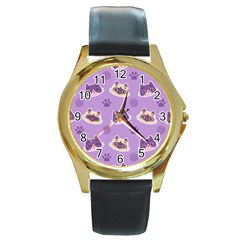 Cute-colorful-cat-kitten-with-paw-yarn-ball-seamless-pattern Round Gold Metal Watch