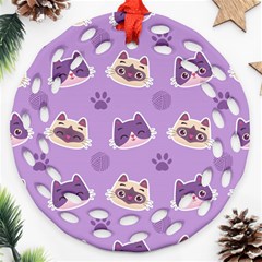 Cute-colorful-cat-kitten-with-paw-yarn-ball-seamless-pattern Ornament (round Filigree)