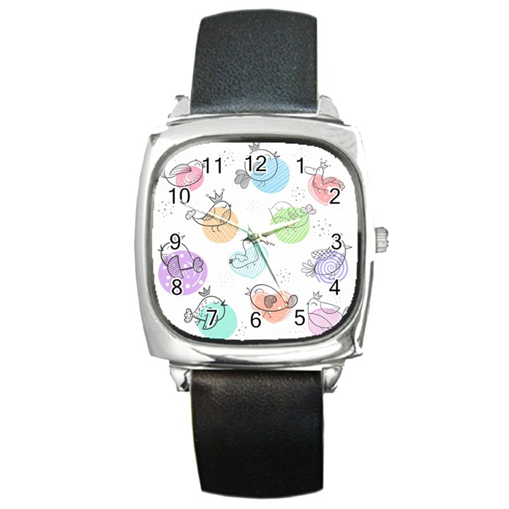 Cartoon-bird-cute-doodle-bird Square Metal Watch