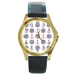 Nautical-seamless-pattern Round Gold Metal Watch