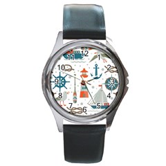 Nautical-elements-pattern-background Round Metal Watch by Jancukart