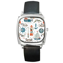 Nautical-elements-pattern-background Square Metal Watch