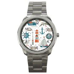 Nautical-elements-pattern-background Sport Metal Watch