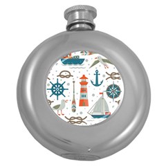 Nautical-elements-pattern-background Round Hip Flask (5 Oz) by Jancukart