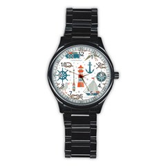 Nautical-elements-pattern-background Stainless Steel Round Watch