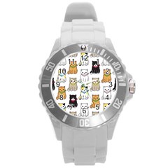 Cat-kitten-seamless-pattern Round Plastic Sport Watch (l)