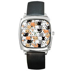 Cute-cat-kitten-cartoon-doodle-seamless-pattern Square Metal Watch