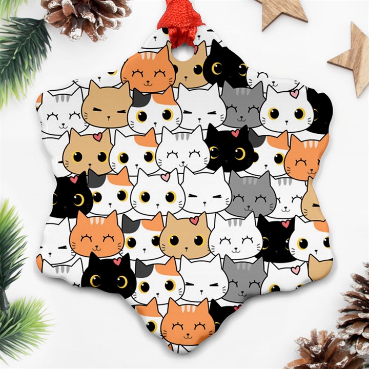 Cute-cat-kitten-cartoon-doodle-seamless-pattern Snowflake Ornament (Two Sides)