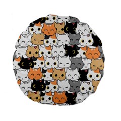 Cute-cat-kitten-cartoon-doodle-seamless-pattern Standard 15  Premium Flano Round Cushions