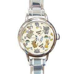 Happy-cats-pattern-background Round Italian Charm Watch