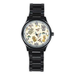 Happy-cats-pattern-background Stainless Steel Round Watch