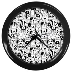 Seamless-pattern-with-black-white-doodle-dogs Wall Clock (black)