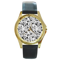 Seamless-pattern-with-black-white-doodle-dogs Round Gold Metal Watch