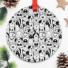 Seamless-pattern-with-black-white-doodle-dogs Round Ornament (two Sides)