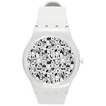 Seamless-pattern-with-black-white-doodle-dogs Round Plastic Sport Watch (M) Front