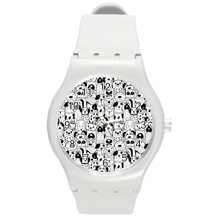 Seamless-pattern-with-black-white-doodle-dogs Round Plastic Sport Watch (M)