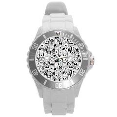 Seamless-pattern-with-black-white-doodle-dogs Round Plastic Sport Watch (l)