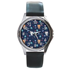 Cute-astronaut-cat-with-star-galaxy-elements-seamless-pattern Round Metal Watch