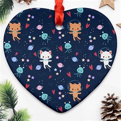 Cute-astronaut-cat-with-star-galaxy-elements-seamless-pattern Ornament (Heart)