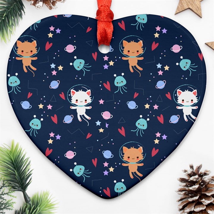 Cute-astronaut-cat-with-star-galaxy-elements-seamless-pattern Ornament (Heart)