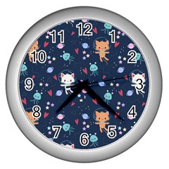 Cute-astronaut-cat-with-star-galaxy-elements-seamless-pattern Wall Clock (Silver)