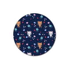 Cute-astronaut-cat-with-star-galaxy-elements-seamless-pattern Rubber Round Coaster (4 pack)