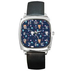 Cute-astronaut-cat-with-star-galaxy-elements-seamless-pattern Square Metal Watch